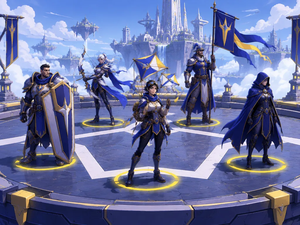 Lima hero satu party berdiri di platform matchmaking bundar, tiap hero di atas cincin kuning yang menyala
